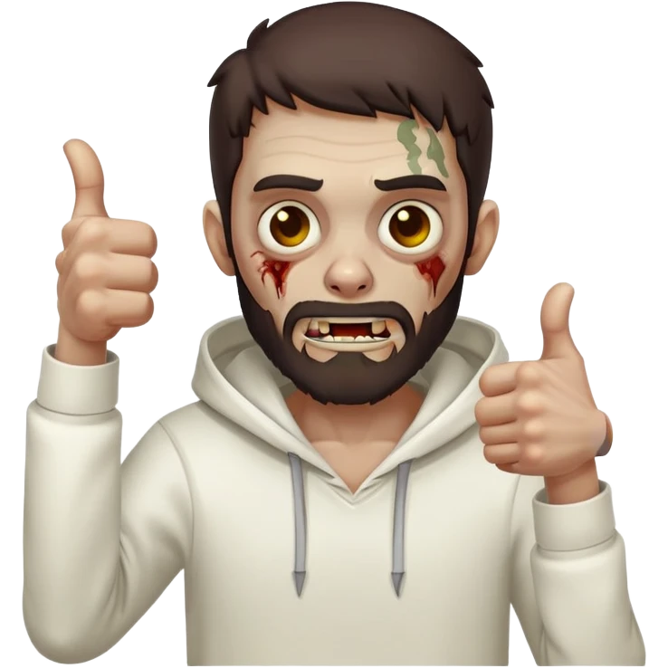 zombie with thumbs up gesture wearing plain white hoodie with no designs, dark brown hair and short full beard emoji