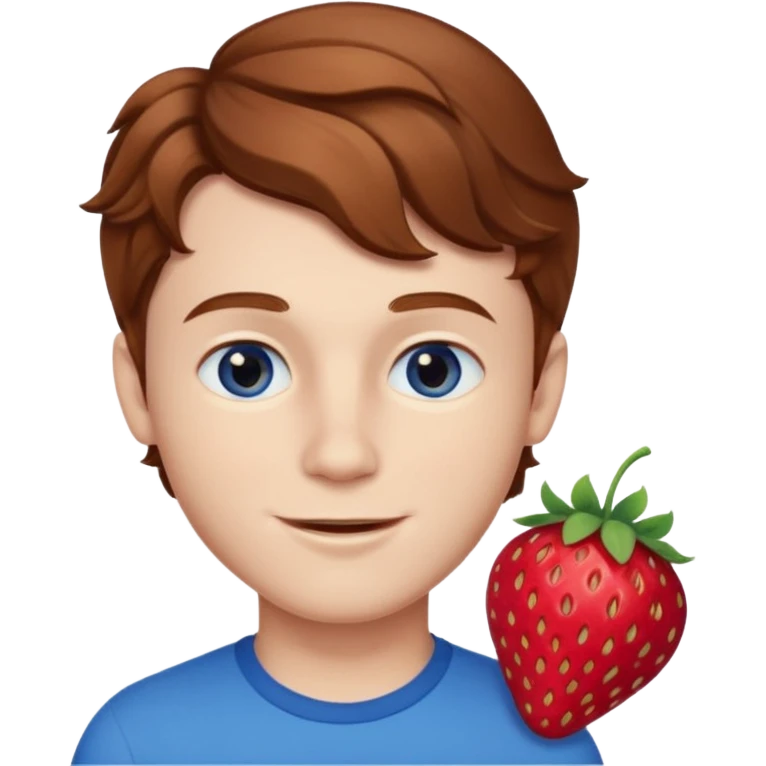 Please generate a portrait of a boy. He has wavy, light brown to reddish-brown hair, a right side parting, slightly longer sideburns, blue eyes, a snub nose, and a rather pronounced, strawberry-red pout. He is smiling. emoji