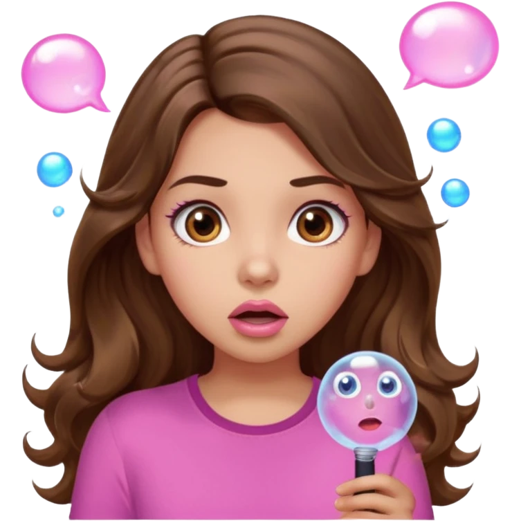 girl with long wavy brown hair, brown eyes, light to medium complexion, in a pink shirt, pink lips, long lashes, surprised, wow bubble emoji