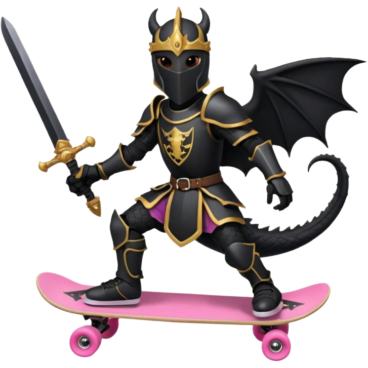 zwarte ridder met een zwarte zwaart en een zwarte schild met een zwarte draak op en hij skate met een roze skatebord emoji
