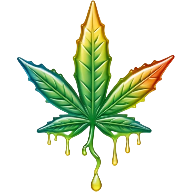 colorful shiny gusher gummy shaped like a cannabis leaf with dripping liquid effect emoji