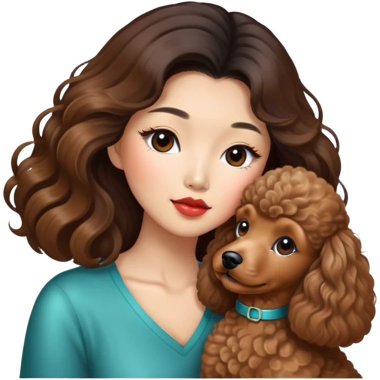 a asian lady with long balayage hair, long lashes, kissing a brown poodle emoji