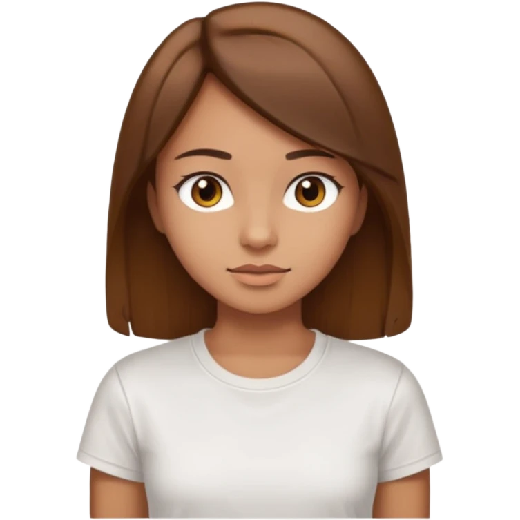 Chica de pelo liso y marrón con ojos color marrón claro y una camiseta blanca emoji