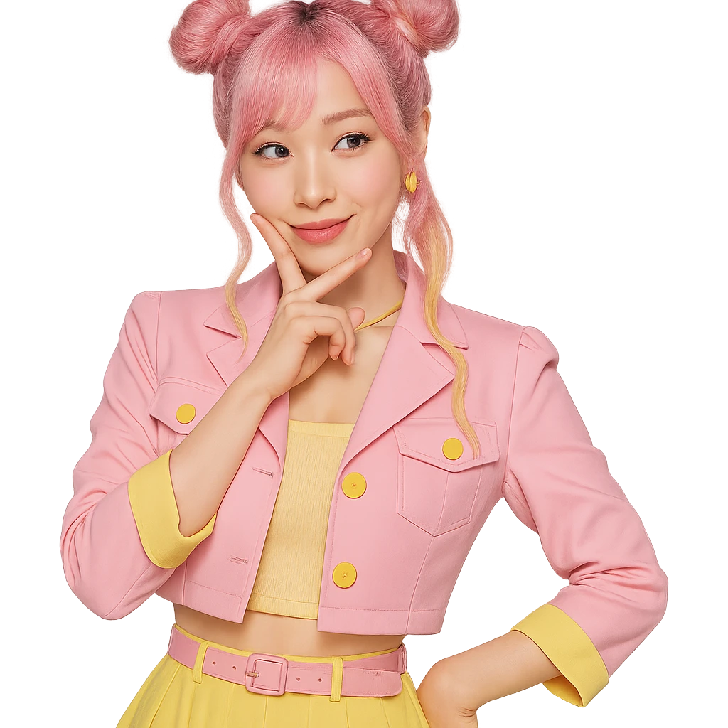 Fluttershy as a human K-pop idol with twin buns hairstyle, fashionable pink and yellow outfit, playful expression, transparent background emoji