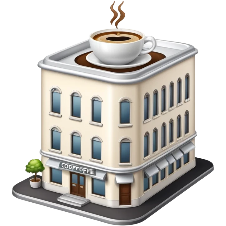 generate realistic detailed building with coffee cup on the top in 3d style emoji