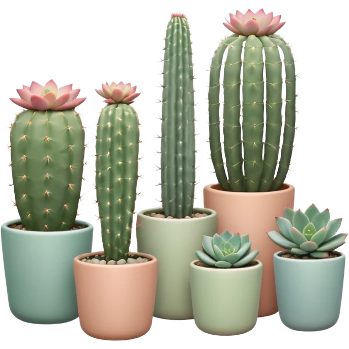 Ceramic pots in pastel colors, tall and short, cylindrical, square, and bowl-shaped, containing cereus cactus plants, hanging cacti, flowering cacti, echeveria succulents, sedum succulents, and graptopetalum succulents placed in a row on the floor emoji