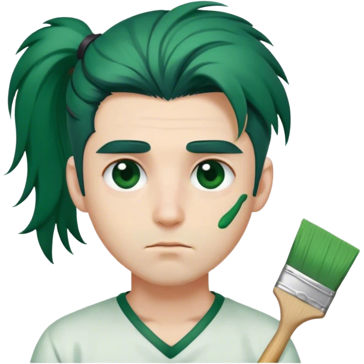  a male with sleepy eyes and dark green hair one side of his eyes is covered by his hair he has a pony tail whitish skin holding a paint brush that massive  emoji