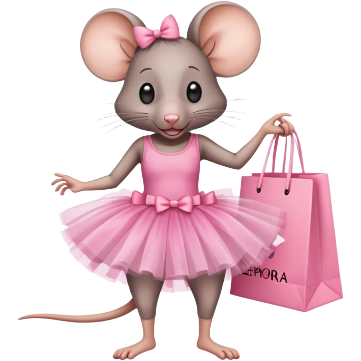 rat with a pink dress and tutu holding a Sephora shopping bag emoji