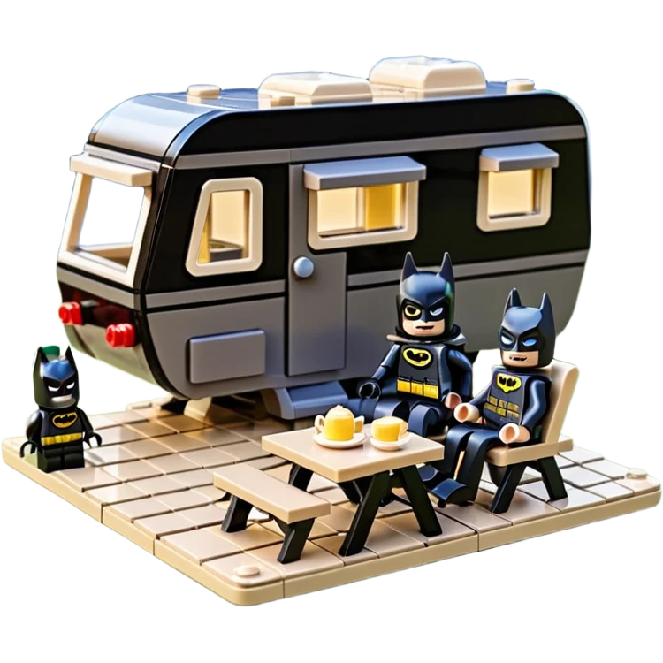  Ultra cute futuristic Lego detailed Batman and pretty Catwoman dream house Caravan with picnic table and folding chairs alone at romantic night  emoji
