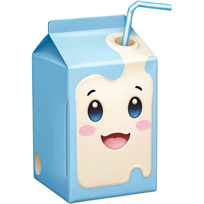 Cute Kawaii Milk Carton, small and boxy, bright pastel blue and white, blushing cheeks, a tiny straw poking out, soft glowing highlights, adorable farm-fresh cuteness! emoji