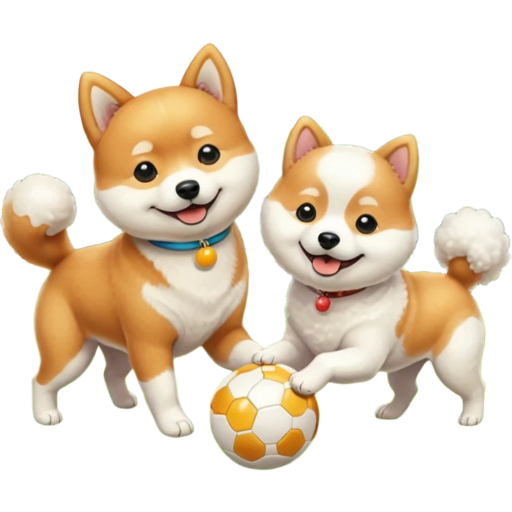 2 dogs, one ginger shiba inu et one white bichon, playing with a ball in a sunny garden emoji