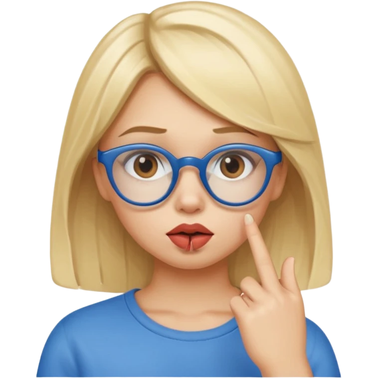 Blonde girl with brown eyes,  blue glasses saying shhhh with her finger to her pouty lips emoji