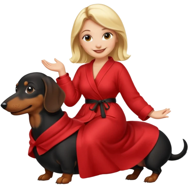 A blonde curvy woman riding on top of a black mini-dachshund wearing a red robe emoji