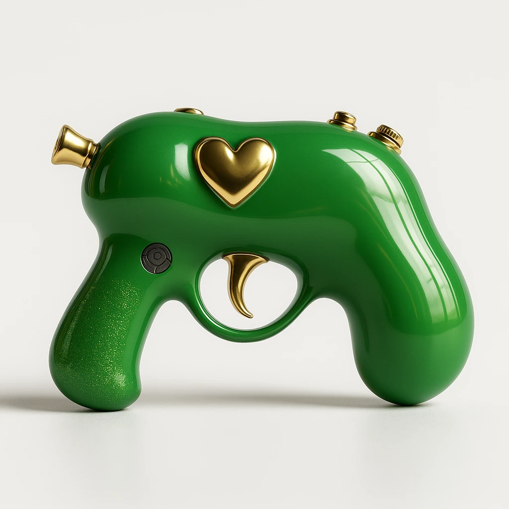 Refine the photorealistic green heart pistol: increase the realism, add subtle metallic reflections, enhance the glossy finish, and improve the heart shape details, on a white background. Maintain photorealistic style with subtle metallic reflections and glossy finish. emoji