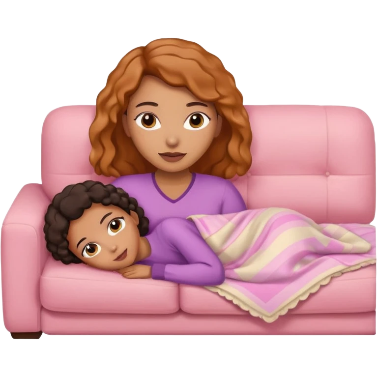 Mixed-race woman with caramel skin, lying on a beige sofa with a pastel pink blanket emoji