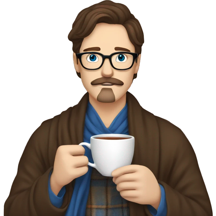 brown hair blue eyes moustache and Soul patch pale guy with glasses drinking tea with blanket on emoji