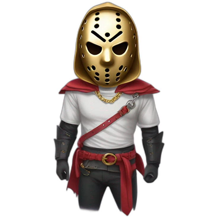 Hombre con máscara de Jason Vorhees, una cadena de oro, y un suéter de en París Saint Germain emoji