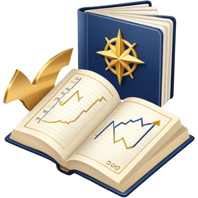 A navy blue productivity book with gold details, chart with upward trend aura, radiating productivity, strategy, and success in motion- emoji