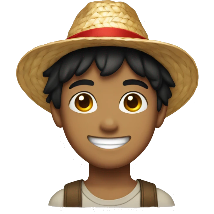 black haired, light skinned smiling, boy wearing a straw hat and a red siglet emoji