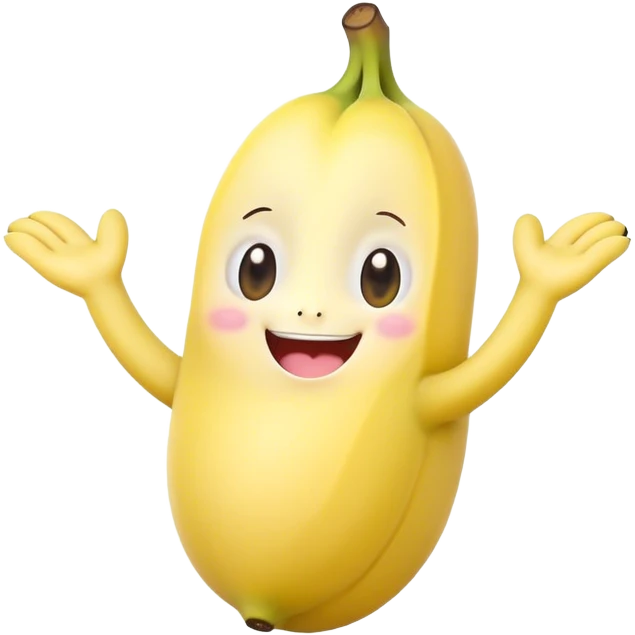 Cute Kawaii Banana, slightly curved, soft pastel yellow, cute giggling face with big round eyes, tiny arms waving happily, a peeled section revealing a smiling expression! emoji