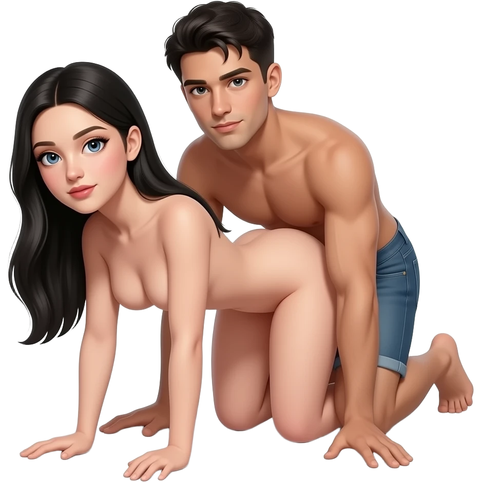skinny young white woman with long straight black hair, fully nude, on all fours in doggy style, explicit penetration from behind by slim young man with lightly tanned skin, short straight black hair, average body, both naked, realistic, high resolution emoji