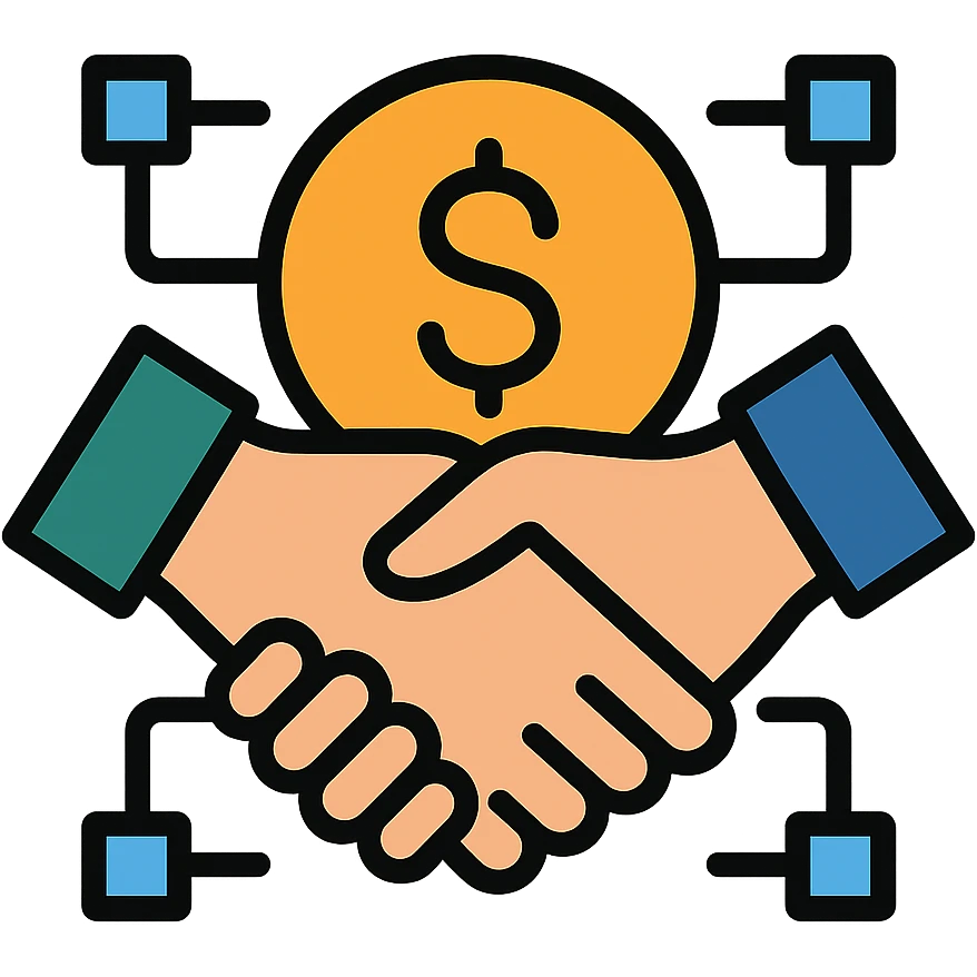 modern simple logo representing a loan protocol, stylized handshake over a coin, subtle blockchain digital network motif, minimalist clean professional emoji