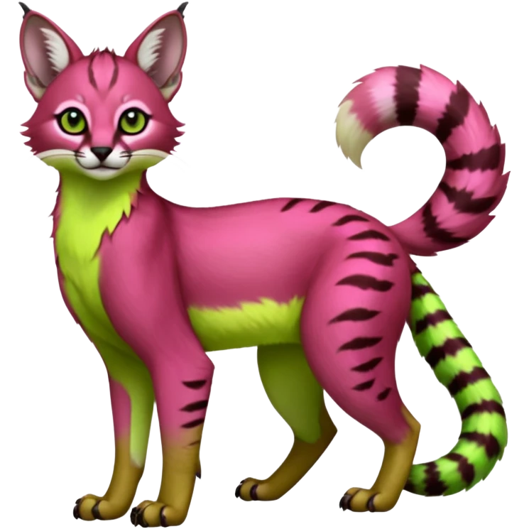 Colorful dark pink lime-green tropical exotic cute cool beautiful shiny beautiful fantasy-caracal-civet-genet-sergal-vernid-serval-Gryphon-Cacomistle-Trico-oncilla-animal-Fakémon-hybrid-fursona (full body) emoji