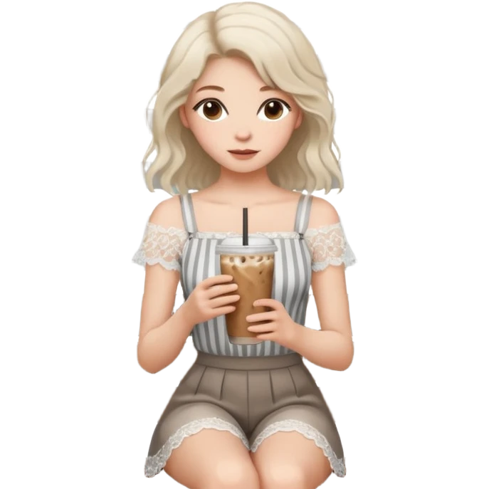Minimalist girl holding an iced coffee in a chic cafe setting, white lace top, soft natural hair, modern gray striped wall, wooden bench, aesthetic and cozy mood ☕🌿🤍” emoji