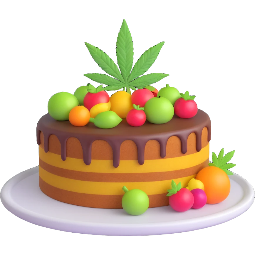 colorful frosted fruit cake with cannabis leaf on a plate emoji