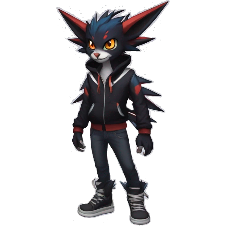 Cool Anthro Black Noivern-Absol-Litten-Pokémon with edgy stripes hoodie spiked collar punk Full Body emoji