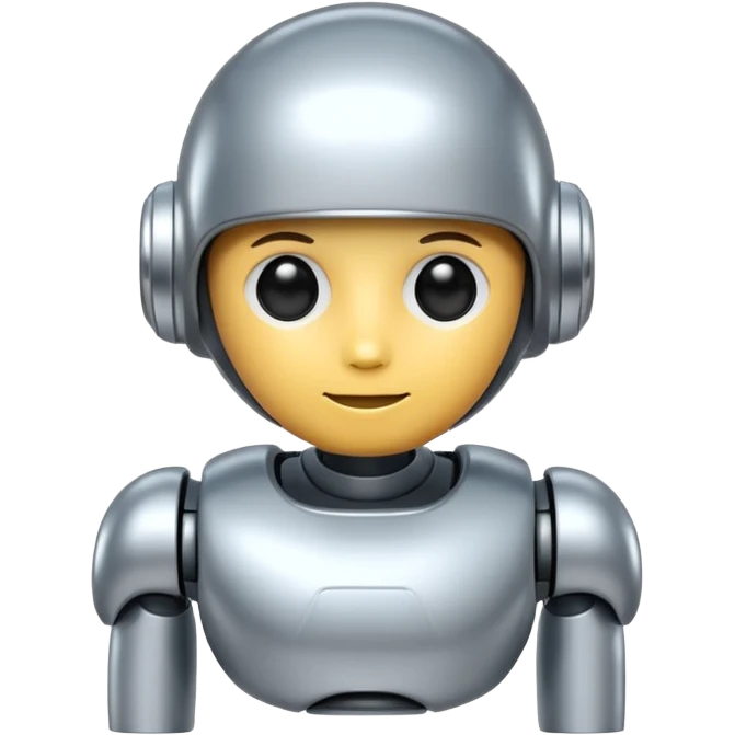 A cute futuristic robot emoji made of silver chrome, rounded friendly body, minimal facial features, glossy metallic surface, soft reflections, iOS emoji style, centered, clean white background emoji