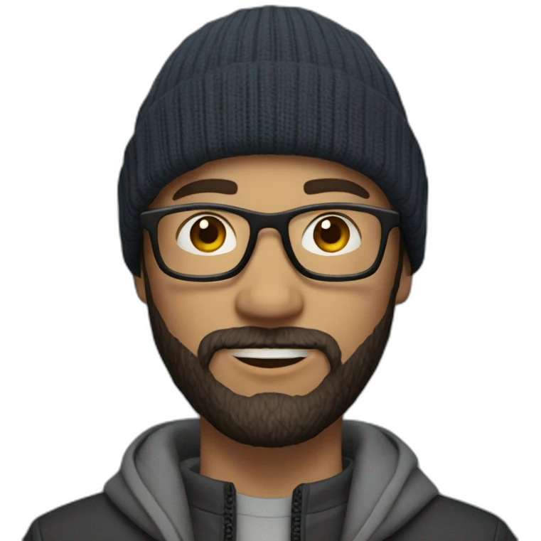 young dark-haired white man with a beanie, glasses and beard emoji