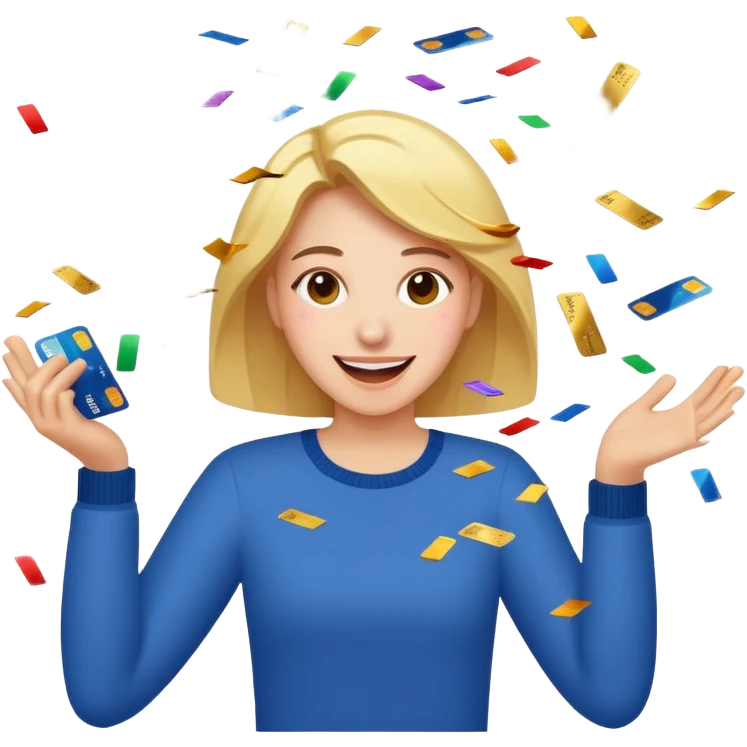 A joyful person cutting up credit cards as they turn into flying confetti emoji emoji