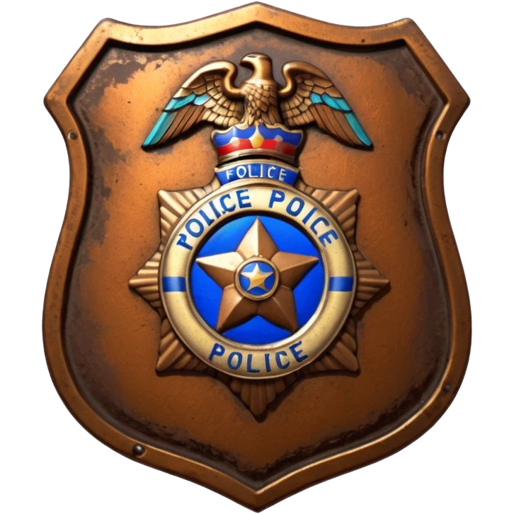 cinematic - aesthetic brilliant divine lighting, oil paint - antique police badge rusty and broken emoji