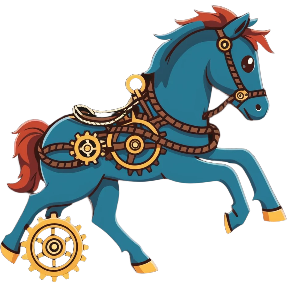Steampunk mechanical horse with exposed gears, cogs, wires, and rope details emoji