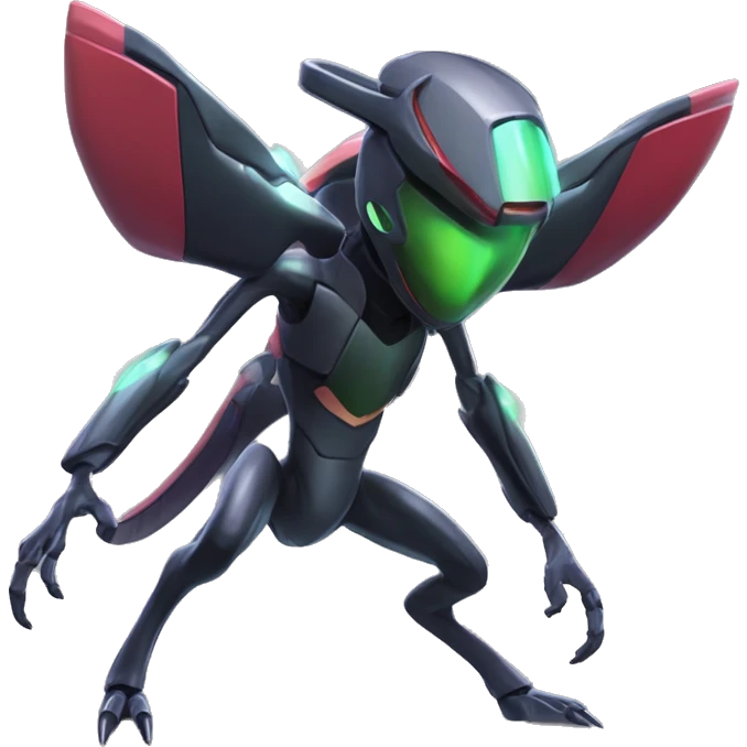 a shiny black Genesect-Flygon-Raptor-Fakémon-Medabot-hybrid with a futuristic visor-helmet full body emoji
