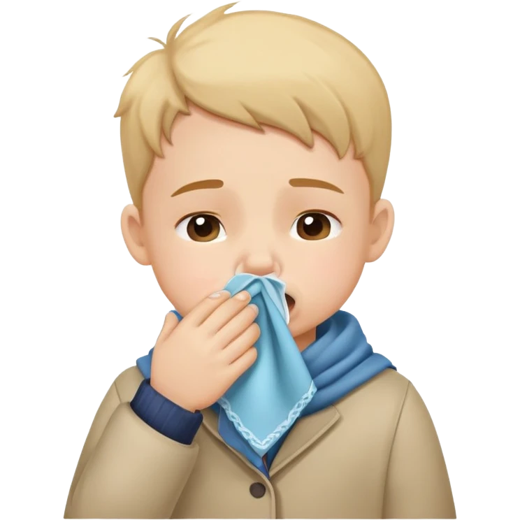 child holding a handkerchief to their nose while sneezing, cute and friendly emoji