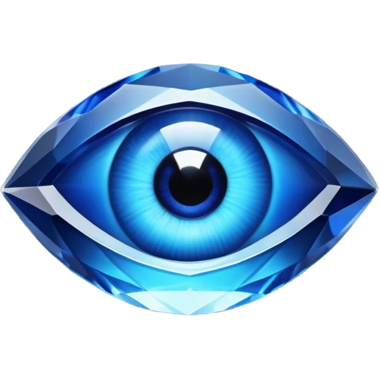 Cinematic Realistic image of a glass Evil Eye blue stone, rendered with translucent, luminous blue hues and finely cut facets that catch soft reflective light, set against a dark, minimalist backdrop to emphasize its mystical allure. emoji