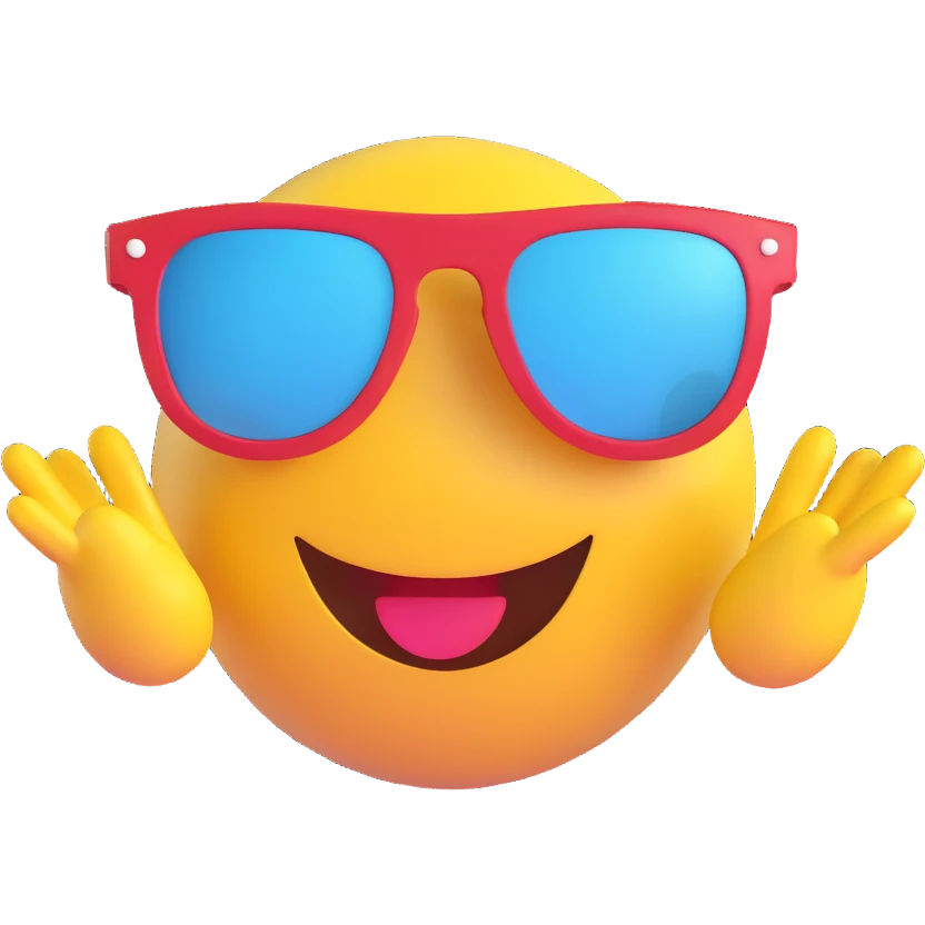 3D smiley emoji, round shape, cool sunglasses, with the text "menő" emoji