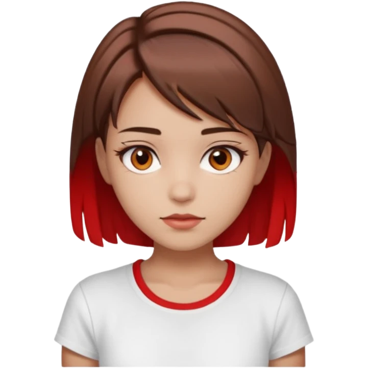 Una ragazza bellissima, truccata un po', con occhi marroni e capelli marroni corti fino alle spalle con due ciocche rosse davanti . Un seno medio. Vestita con una maglietta aestetich bianca  emoji