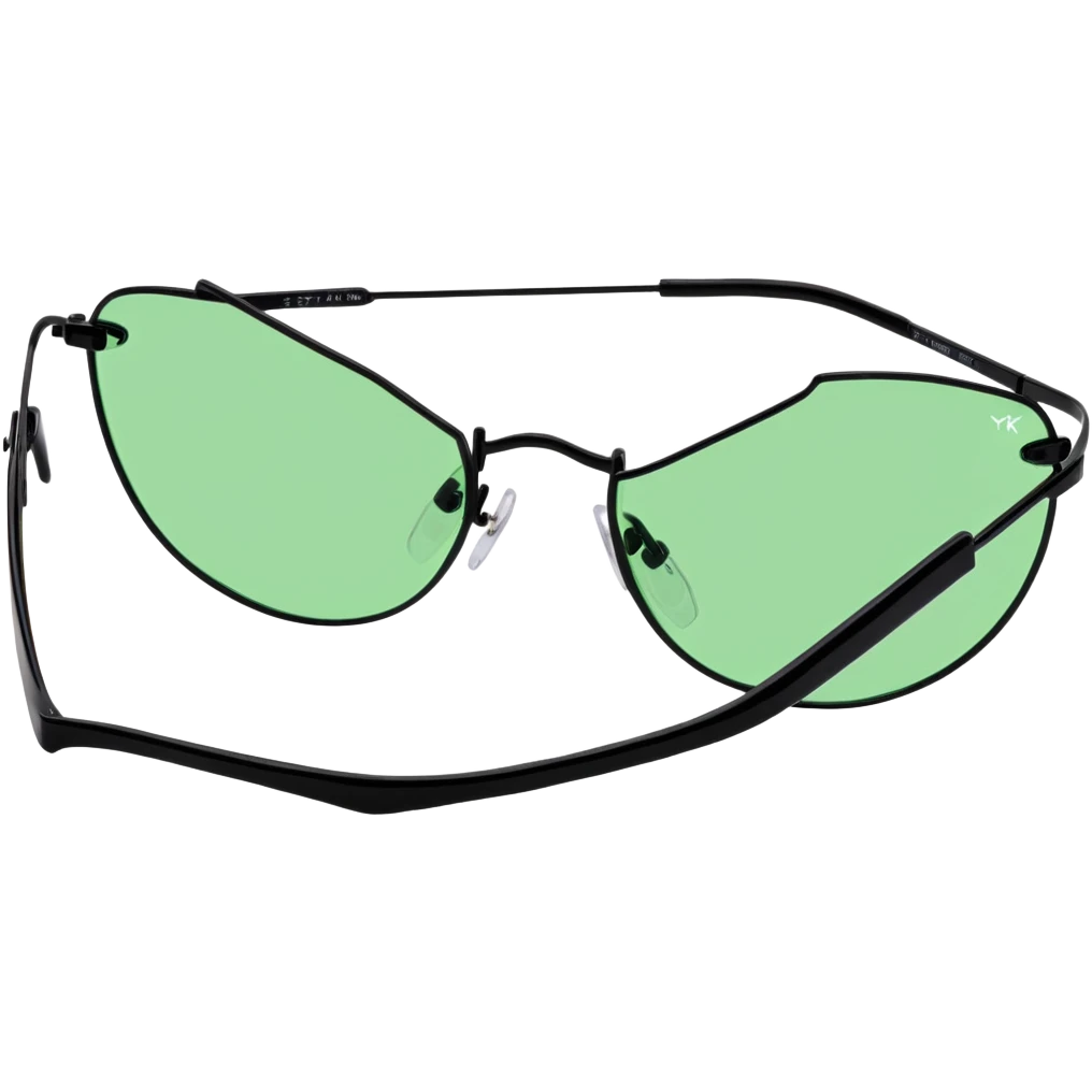 Retro-futuristic Y2K sunglasses with rimless colored lenses, metallic thin frames, 2000s cyber aesthetic emoji