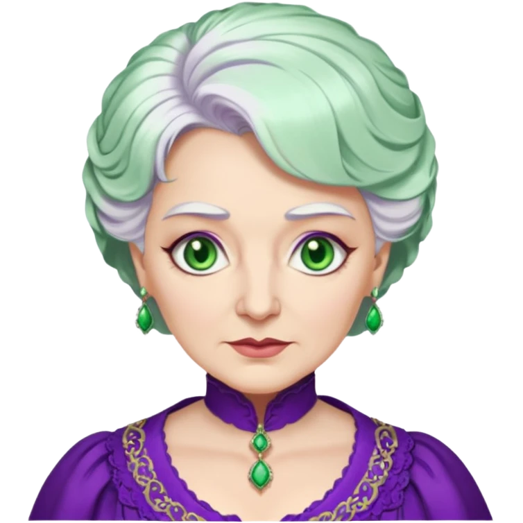 Madame Morrible from Wicked with green eyes, white hair, purple outfit emoji