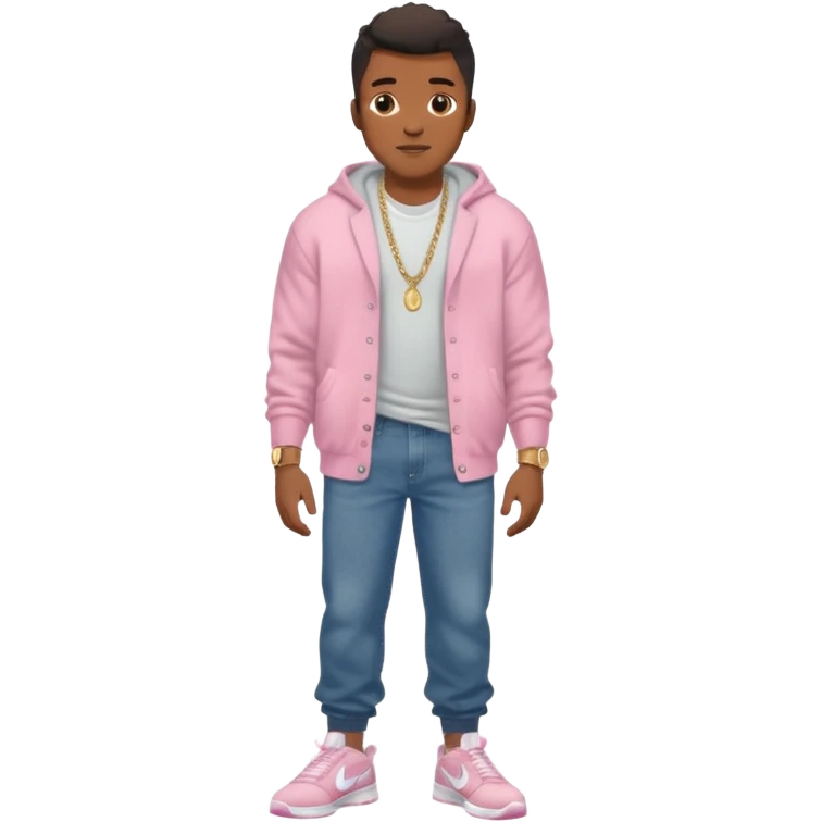 Handsome Black guy with brown skin tone, with muscular build, wearing baggy dark denim jeans, a white t-shirt, pink and gray fuzzy cardigan, white Nike sneakers, a gold watch, and a dainty chain emoji