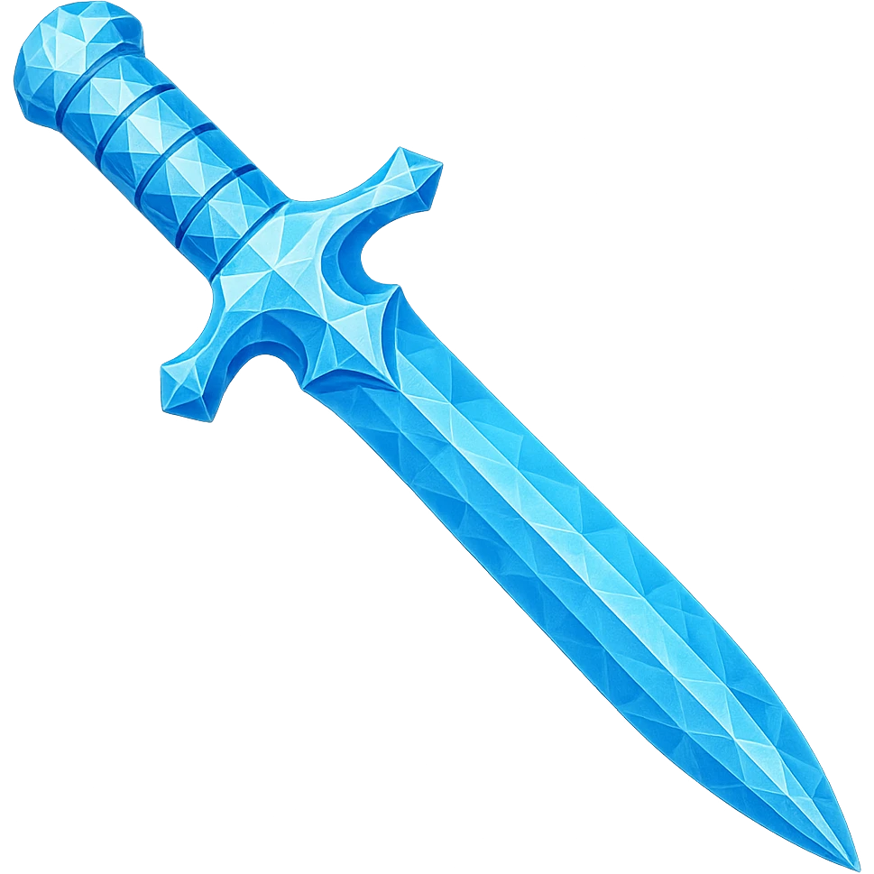 Transform the dagger into a diamond version, matching the color, faceted texture, and shine of the diamond chestplate reference. Keep the exact shape and proportions of the original dagger. Transparent background. emoji