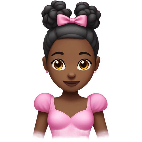 black kid girl with two black slick buns and a pink leotard holding a teddy bear with a pink bow on her hair emoji