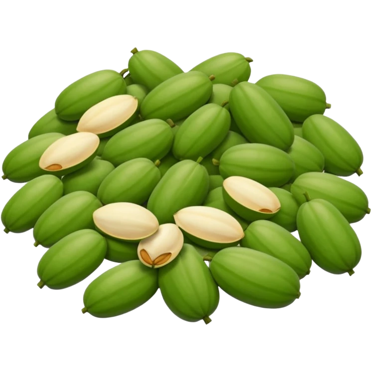 scatter of pumpkin seeds, pale green, smooth and flat, oval, matte, slight size and color variation, natural shelled, no bowl or shell, soft lighting, emoji scale emoji