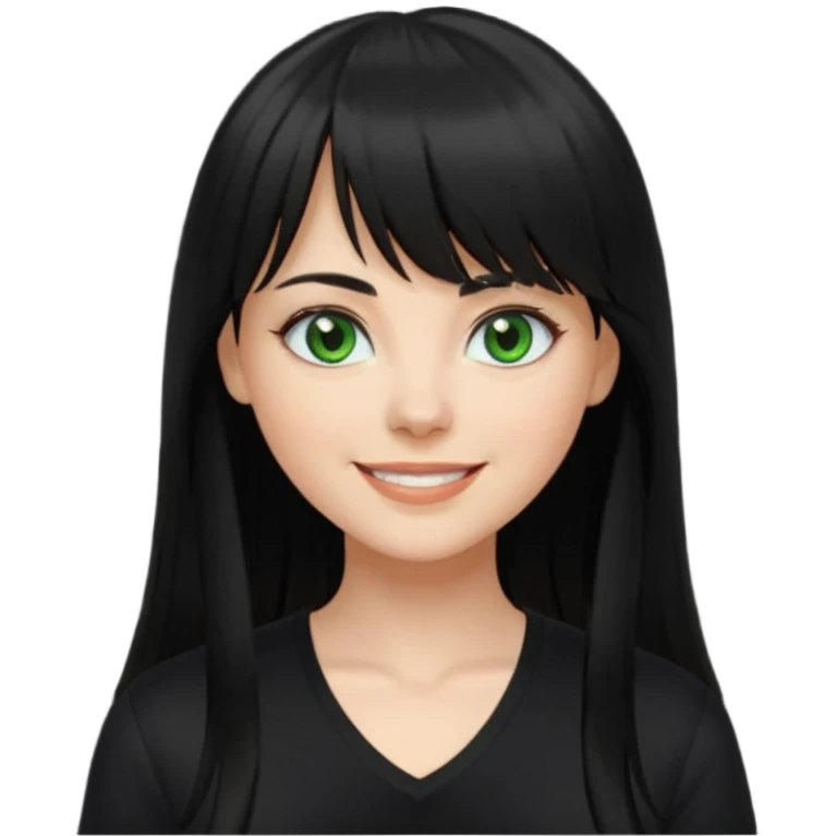 A white woman with Long straight hair with bangs, black hair, green eyes and a black low-cut shirt smiling emoji