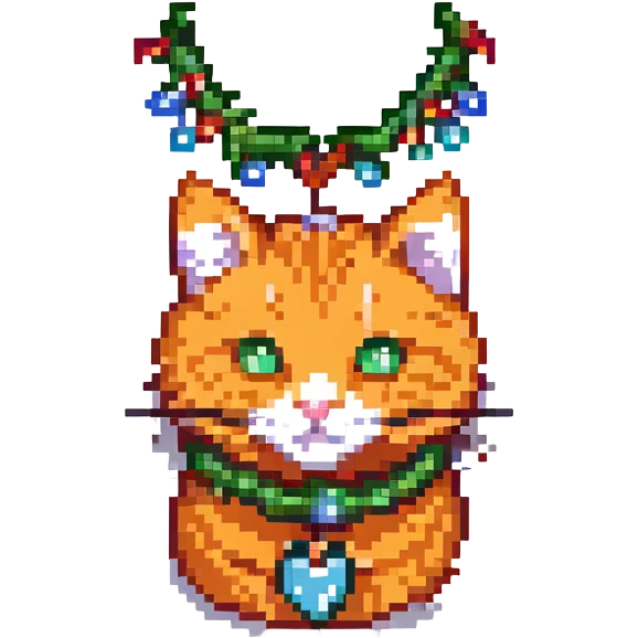 head of an orange cat with simple pixel features, Christmas garland like on a New Year tree, gaming style emoji