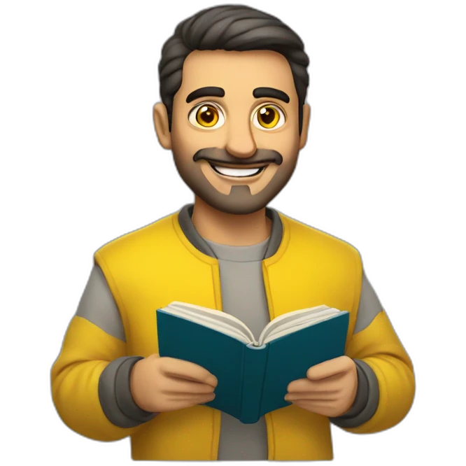 Armenian men with the yellow clothes reading book and looking at camera and smiling  emoji