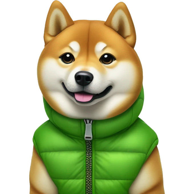 Shiba inu wearing vibrant green puffer jacket portrait emoji